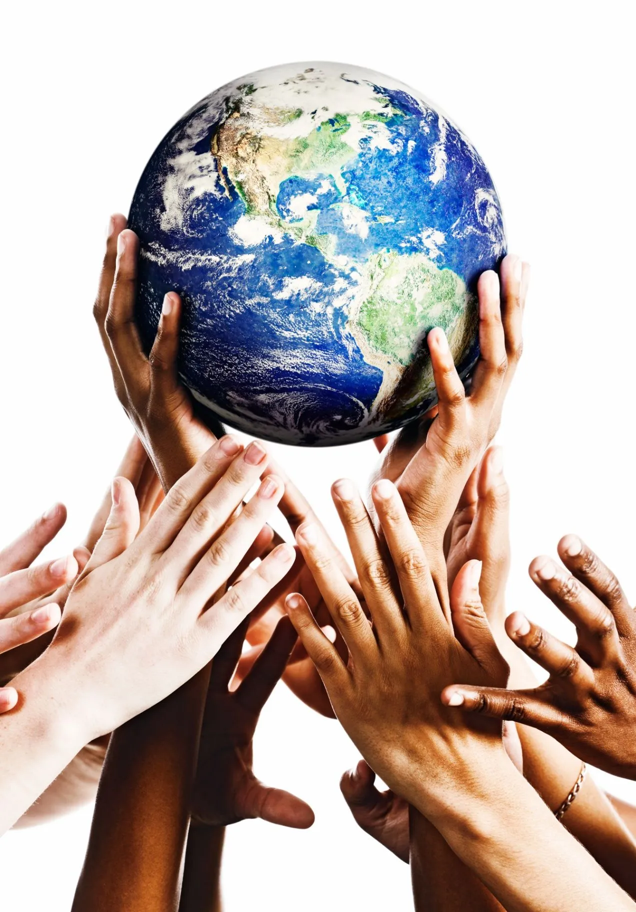 Many hands lifting a globe together